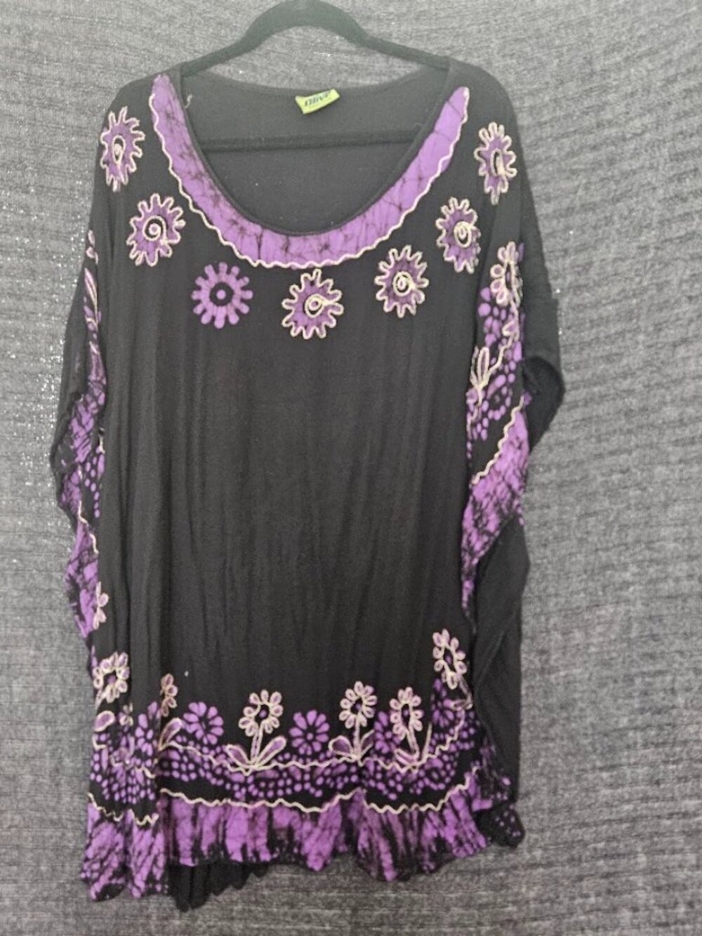 Olive Batik Flowers Tunic Top Free Size Black Purple Boho Caftan Poncho Kimono